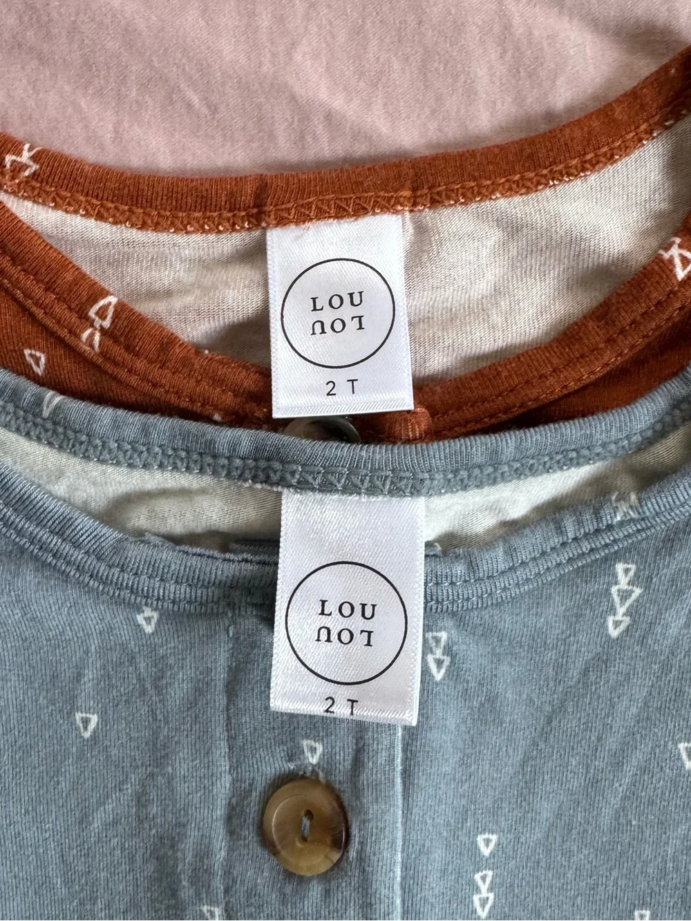 Lou Lou & Company Short-Sleeve Rompers in Rust and Dusty Blue